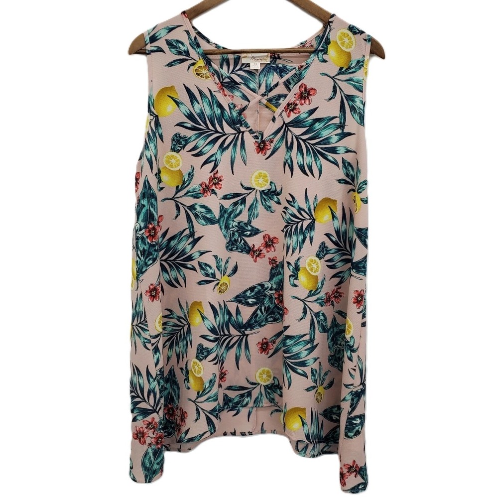 Misia Womens 1X Pink Tropical‎ Lemon Floral Sleeveless Tank Top Resort Boho
